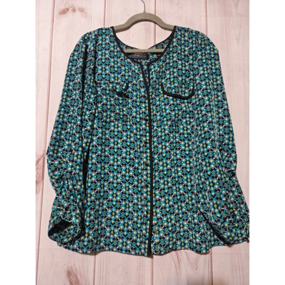 Elementz Womens‎ Geometric Print Long Sleeve Button Front Blouse XL Teal Black